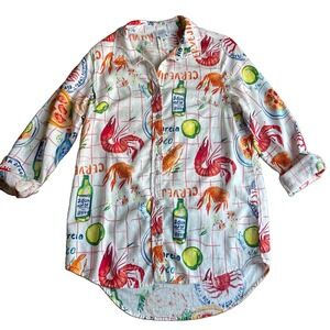 Calypso St.Barth Linen‎ Blend Large Button Down Shirt Crab Lobster 3/4 Sleeve